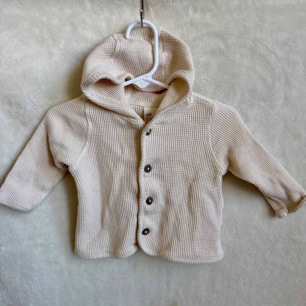H&M Baby Cream Waffle Knit Hooded Cardigan Size 3M Organic Cotton Button Up